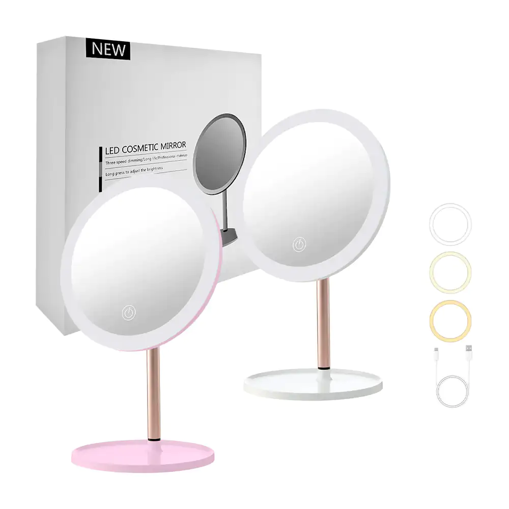 Espejo redondo con luz led + base, 3 modos de iluminación, variedad d…