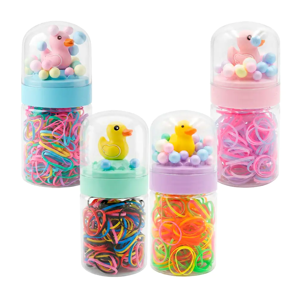 Bote transparente con ligas de látex + decoración de patito y mini bo…