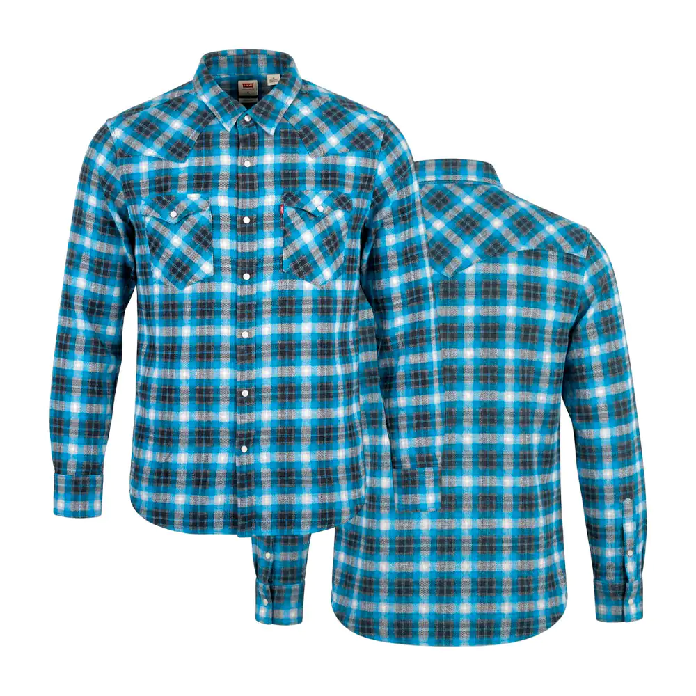 Camisa standard de franela, cuadros chicos azules con negro, variedad…