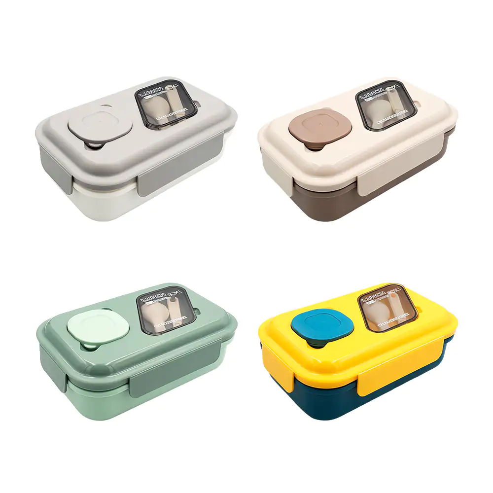 Tupper rectangular con 3 divisiones, 1 mini recipiente y cuchara pleg…