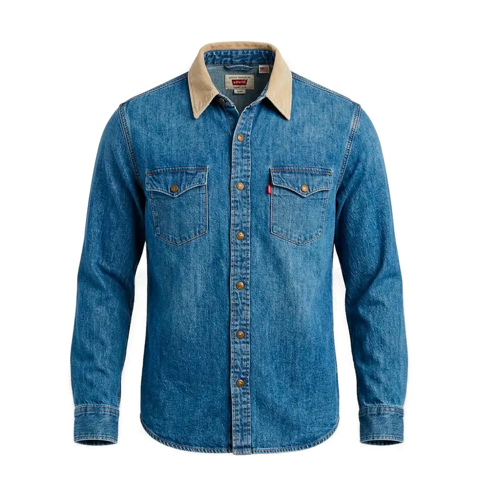 Camisa levis de mezclilla relaxed, manga larga con 2 bolsillos y cuel…