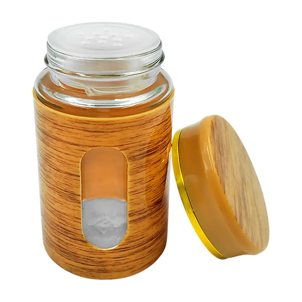 Salero de vidrio con diseño estilo madera + tapa con franja dorada / …