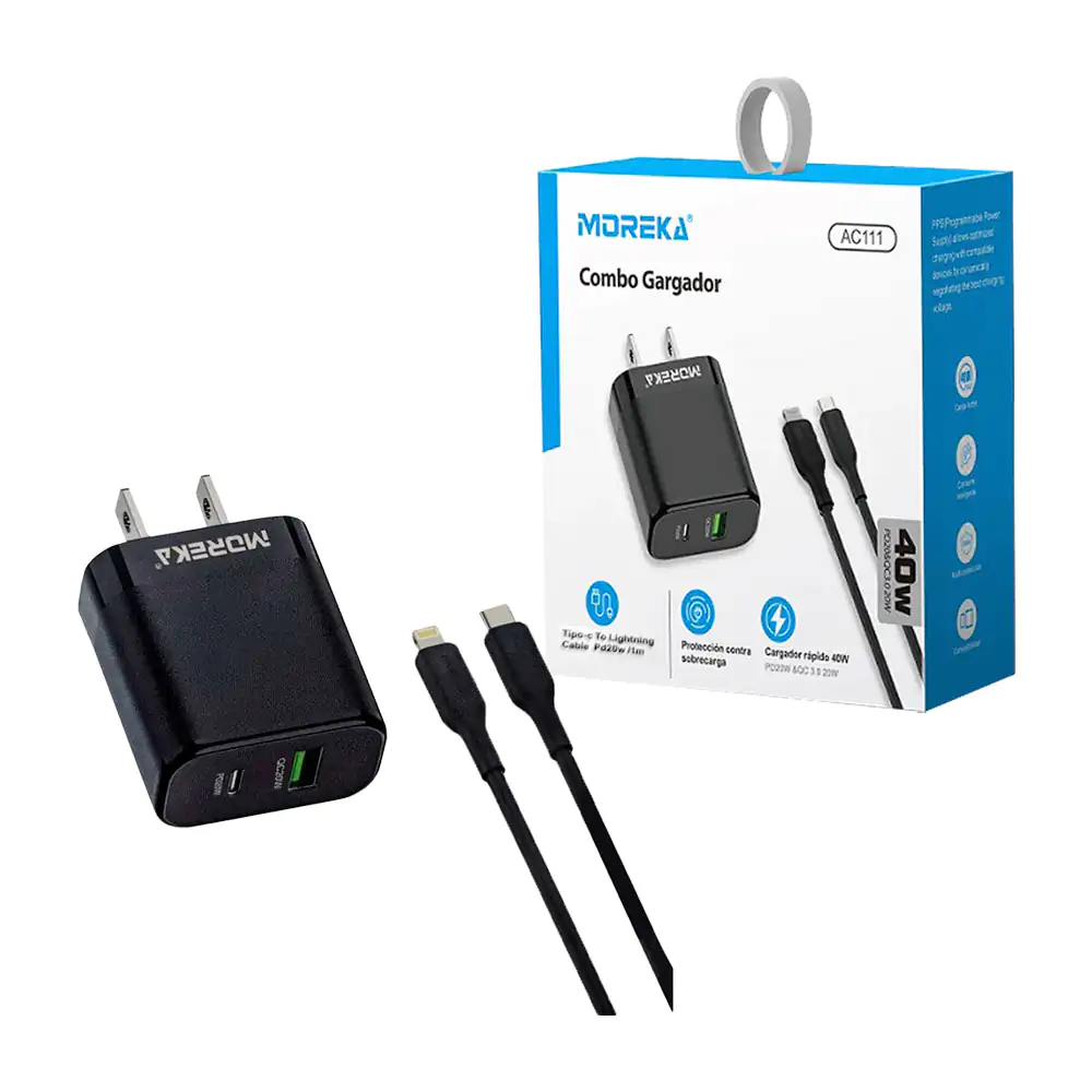 Combo cargador moreka con puerto usb-tipo c y cable tipo c a lightnin…