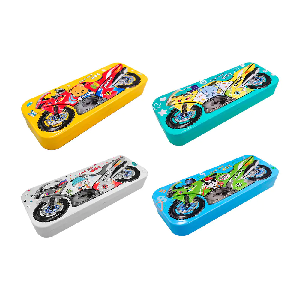 Estuche lapicera metálico con diseño de animales y motos con relieve …