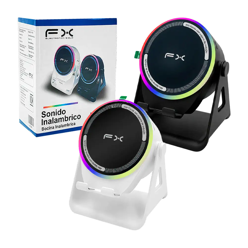 Bocina redonda Inalámbrica fx con base, soporte para celular + luz rgb