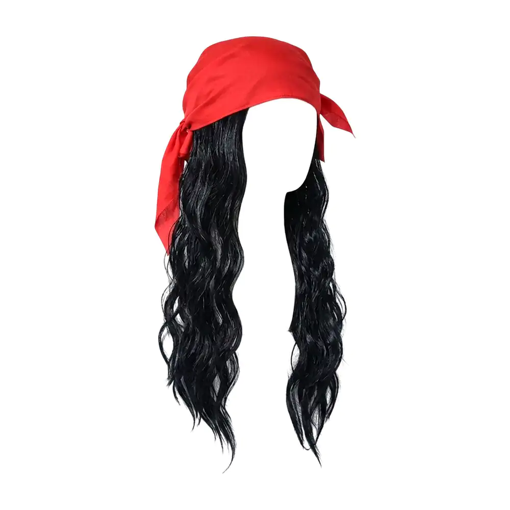 1pza Peluca pirata con cabello negro sintético y pañuelo rojo