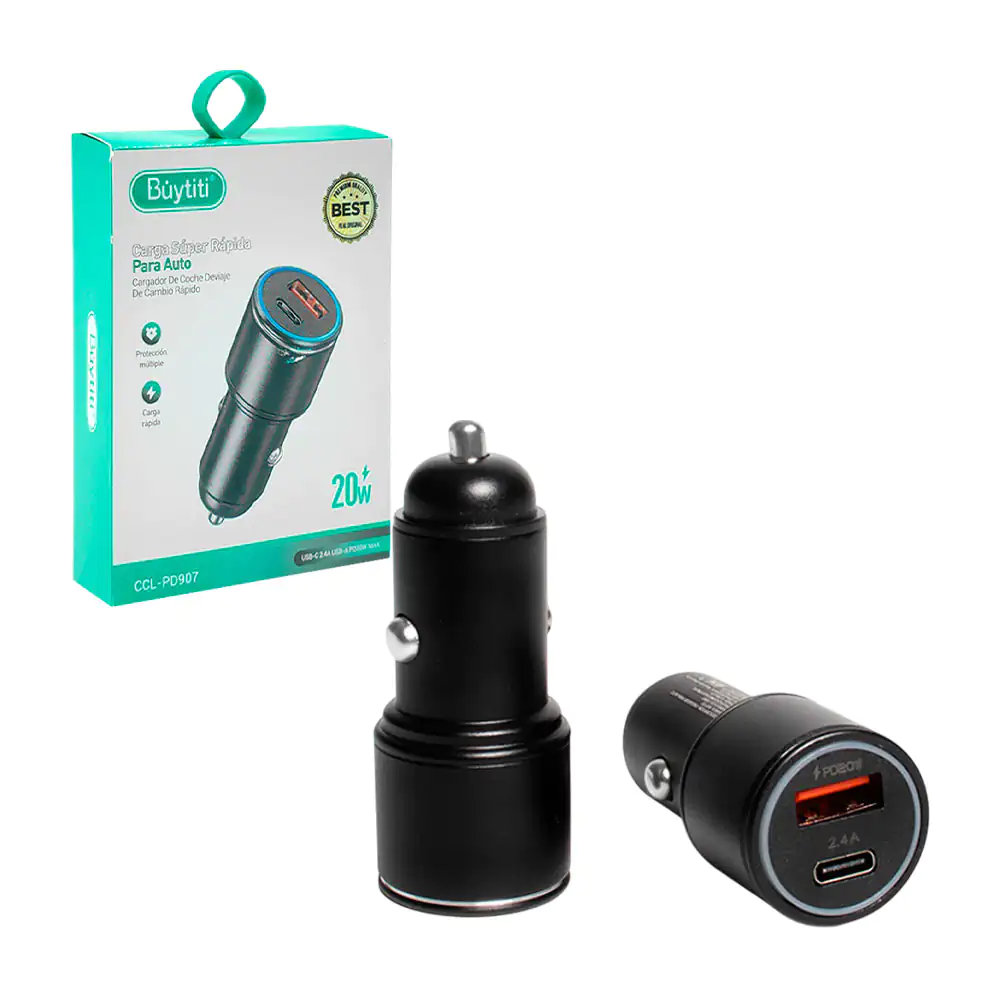 Plug cargador buytiti para carro de 20w con entrada usb y usb tipo c