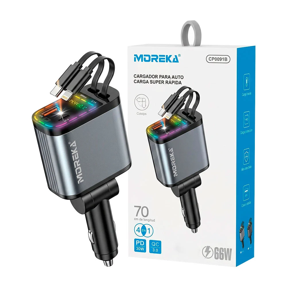 Cargador plug para auto 4 en 1 con 66w de potencia, multiples puertos…