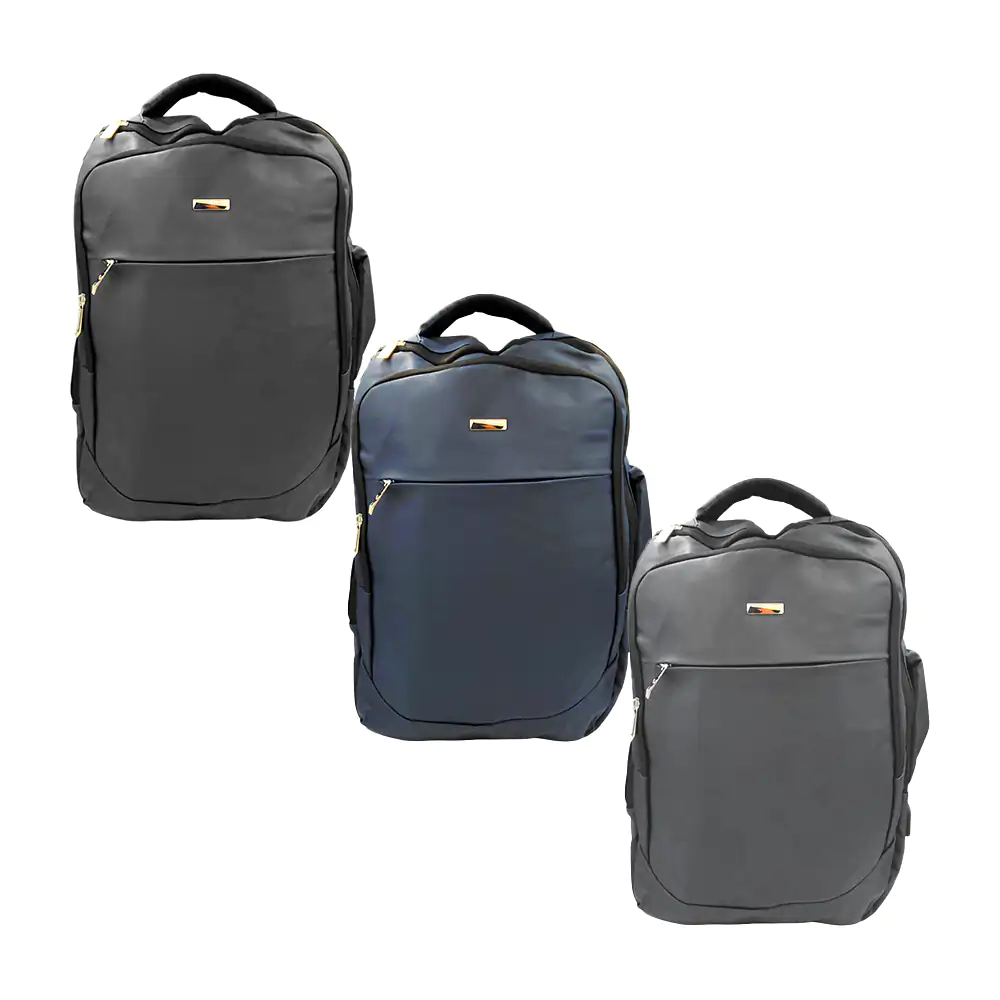Mochila tipo piel de 3 compartimientos con placa metálica, variedad d…