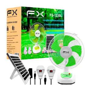 Ventilador de base fx con 3 velocidades, panel solar + 2 focos con ap…