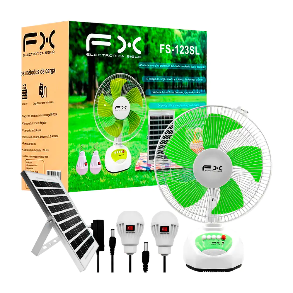 Ventilador de base fx con 3 velocidades, panel solar + 2 focos con ap…