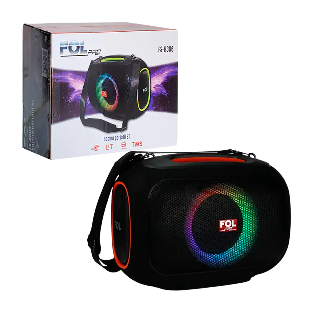Bocina portatil cuadrada con sonido 360, luz rgb, radio fm y múltiple…