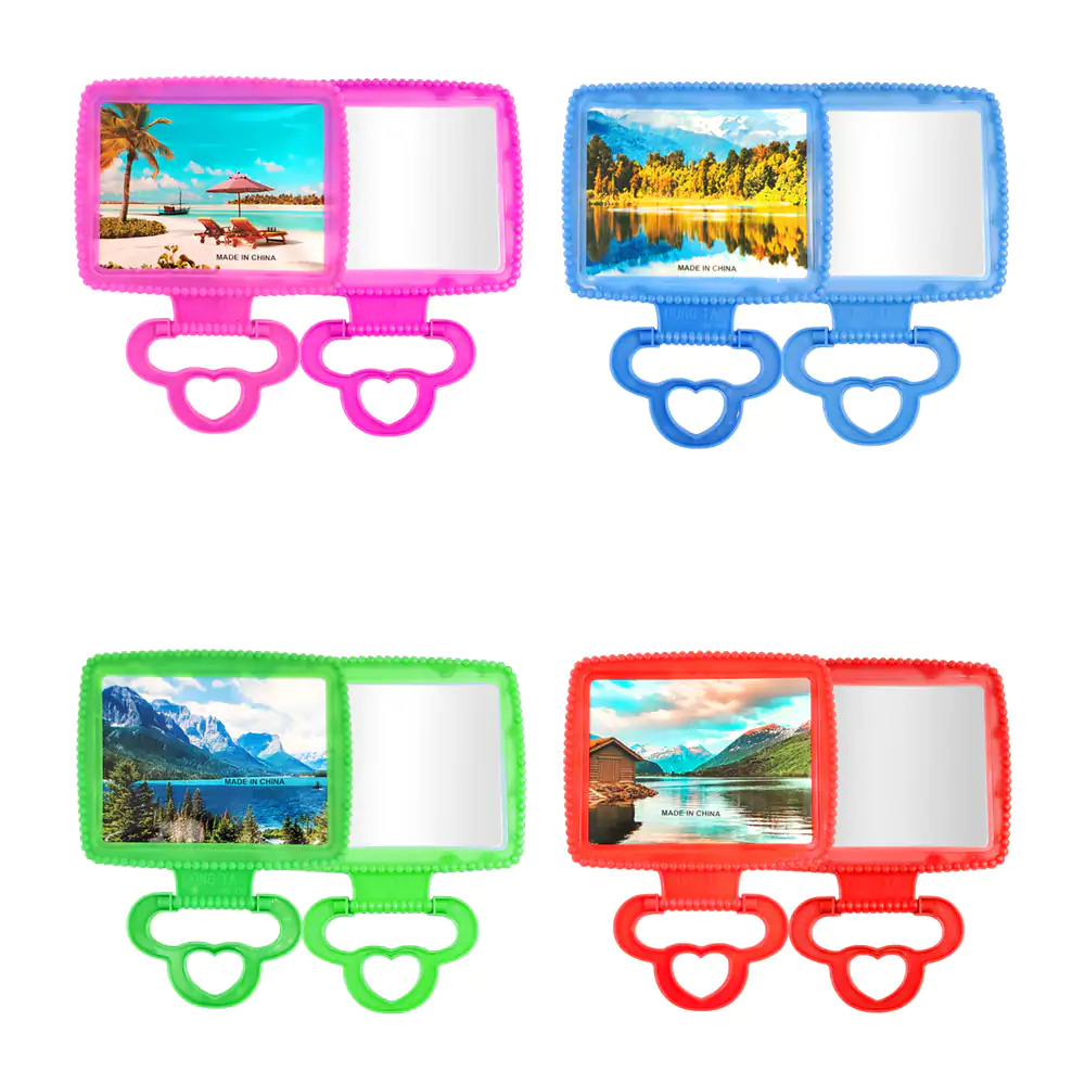 Espejo rectangular de plástico con diseño de paisajes + asa, 13.5x17cm