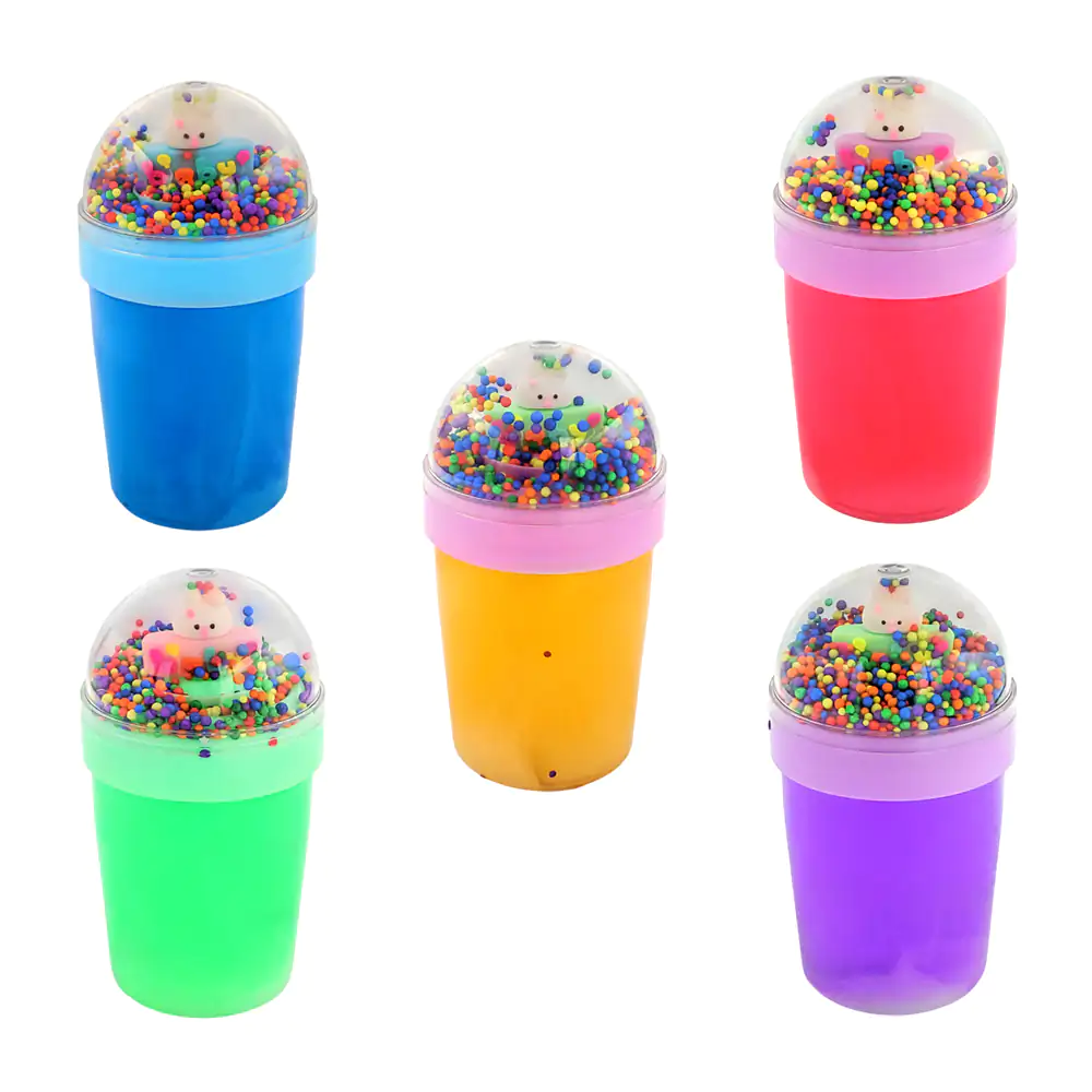 Bote con slime bicolor + decoración de conejito con figuras multicolo…