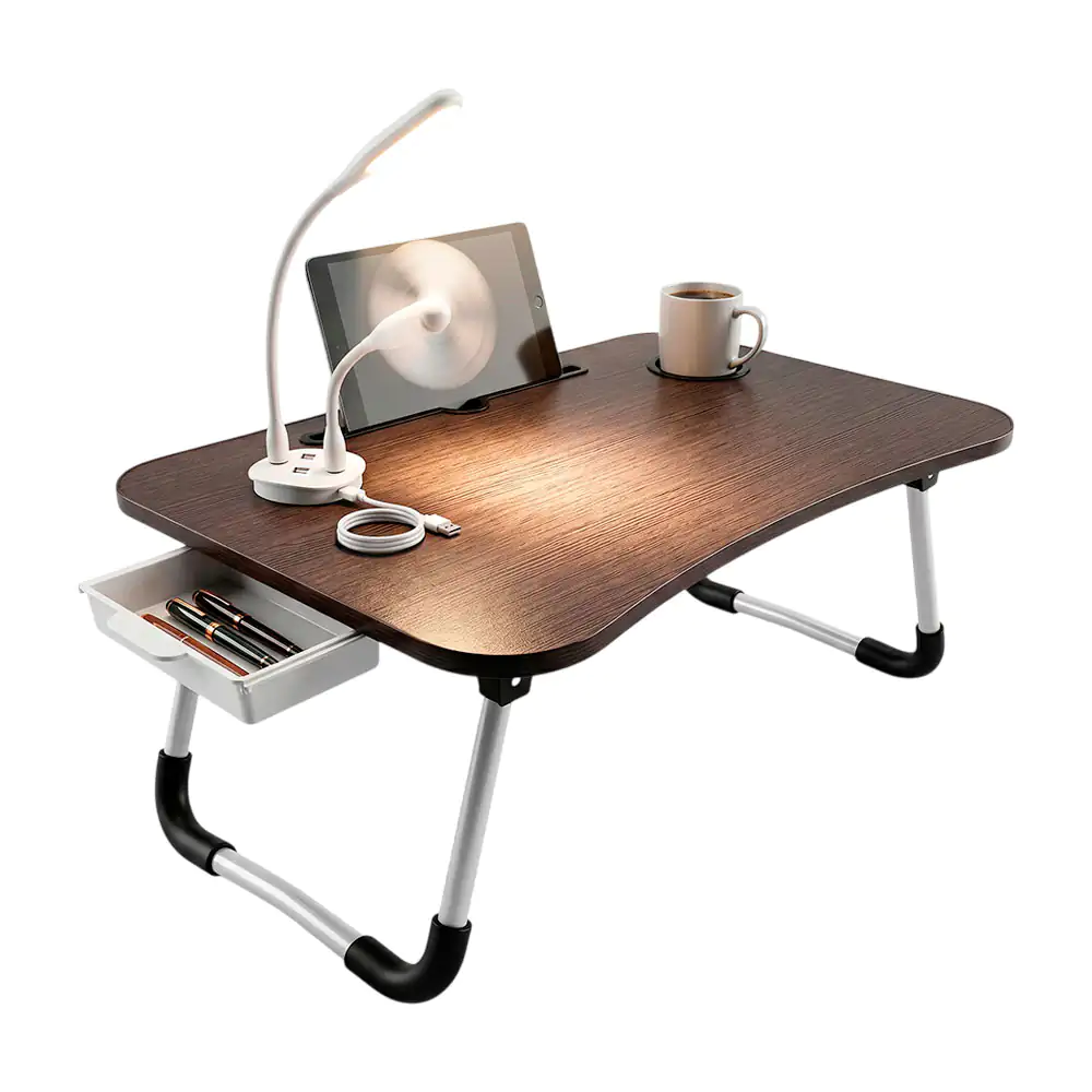 Mesa plegable para laptop con cajón, porta vasos, lampara y ventilado…