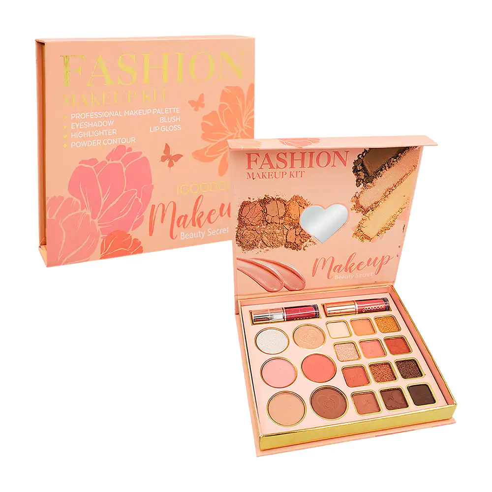 Paleta de maquillaje con sombras, iluminador, blush, contorno y lip g…