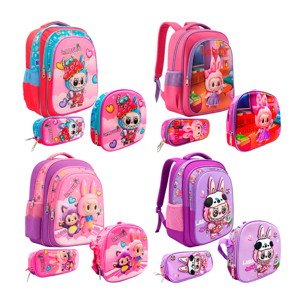 Mochila de 3 compartimentos + lapicera y lonchera con diseño de labub…