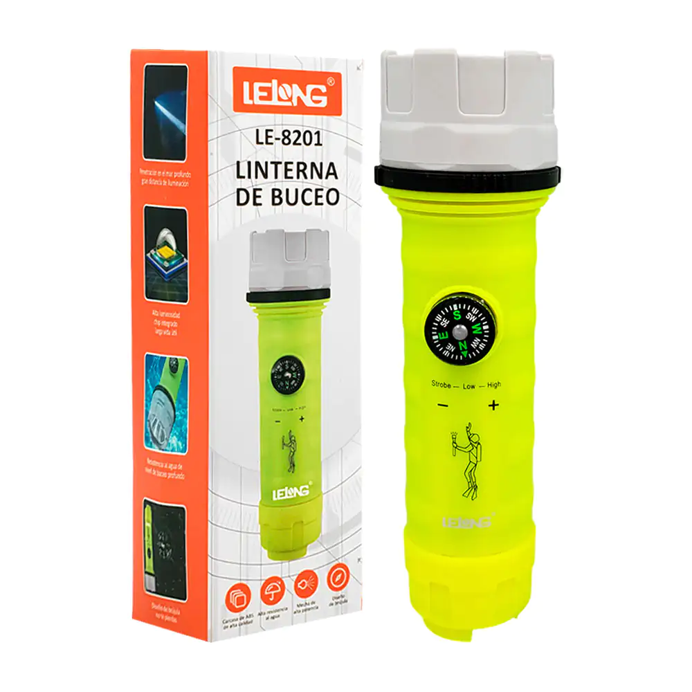 Linterna táctica para buceo con 3 modos de iluminación + brújula