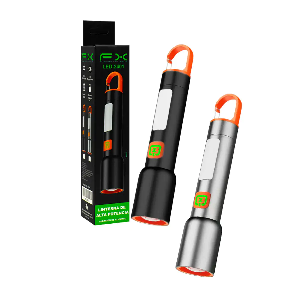 Linterna de mano fx recargable con gancho, zoom + varios modos de ilu…