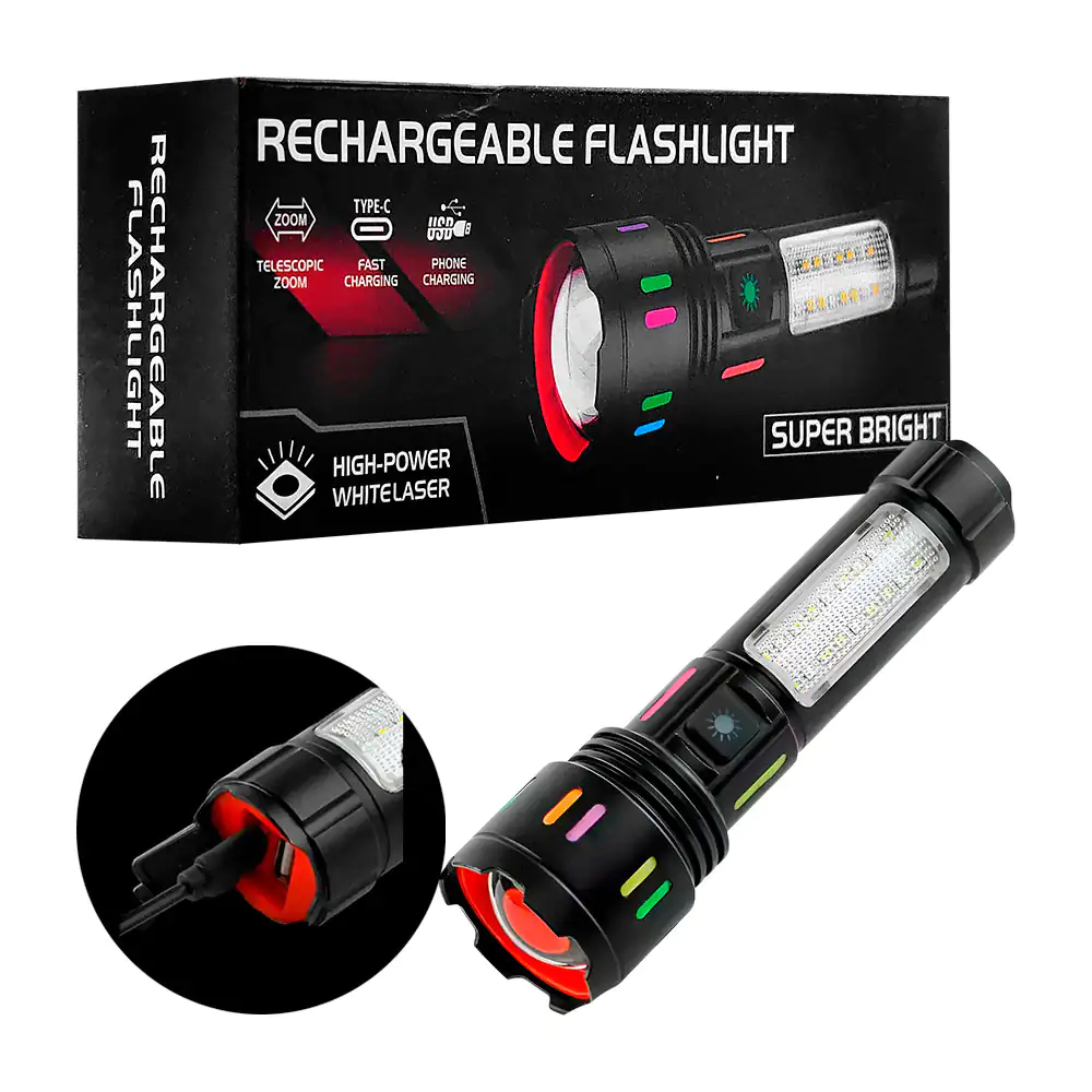 Linterna táctica recargable con 5 modos de iluminación y zoom ajustab…