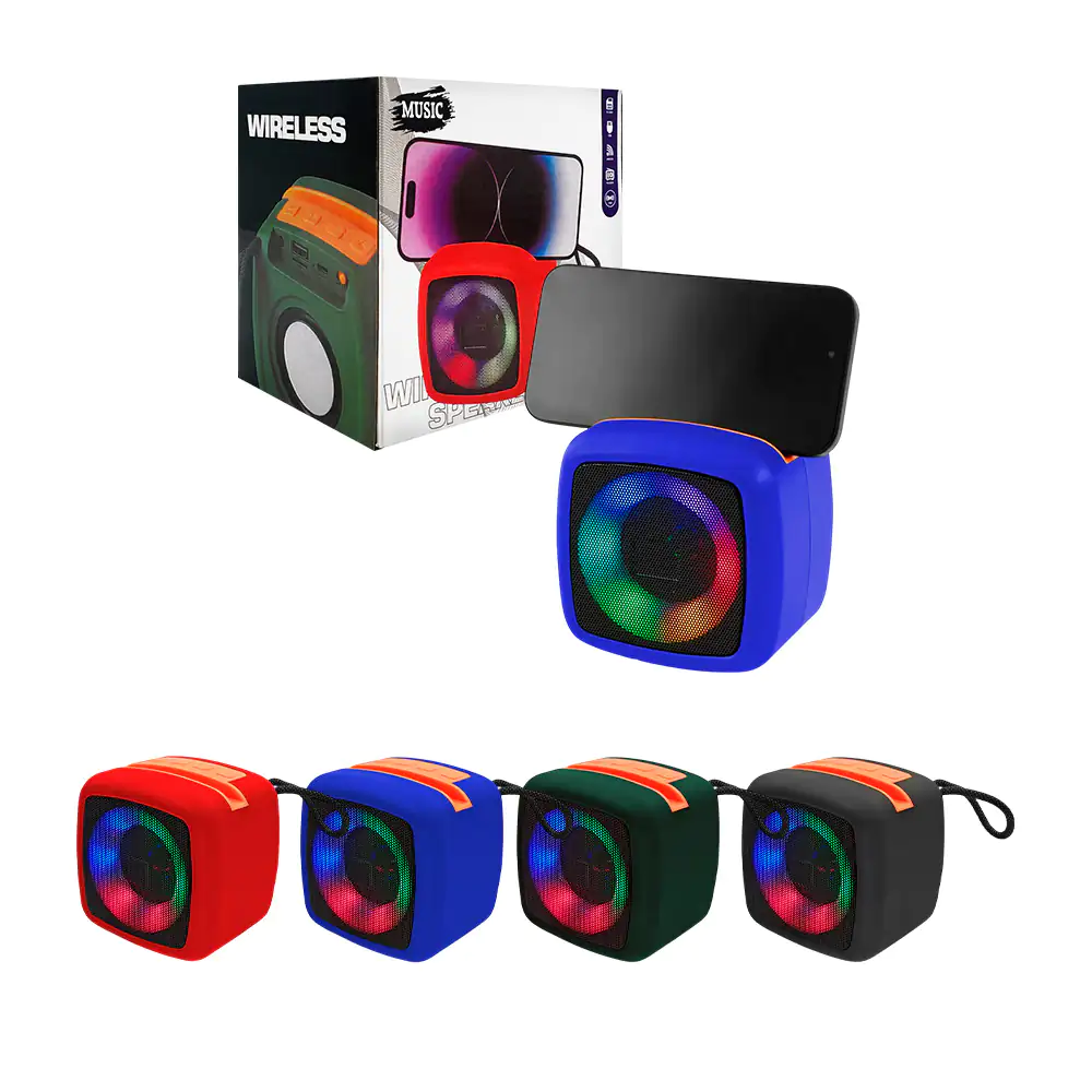 Bocina cuadrada inalámbrica con luz rgb y soporte para celular + corr…