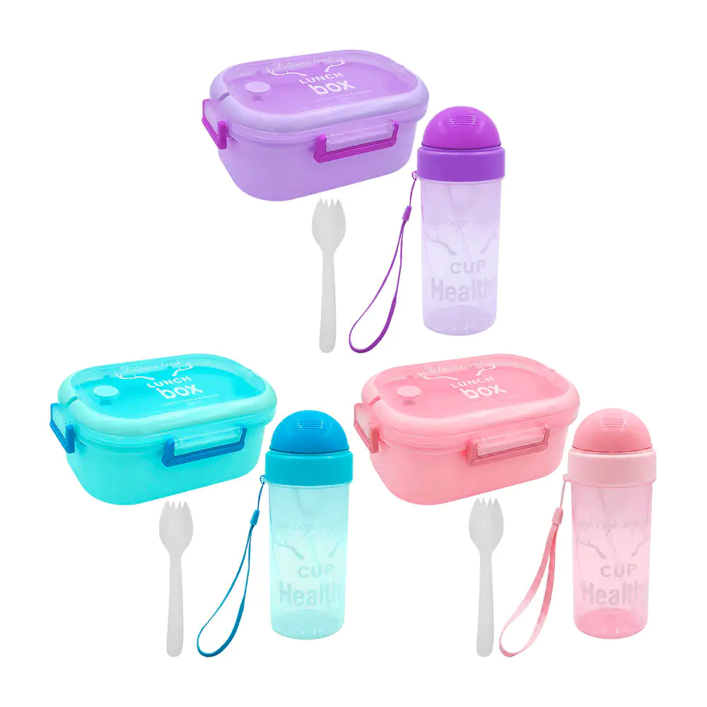 Tupper rectangular con cubierto + botella con popote y asa, variedad …