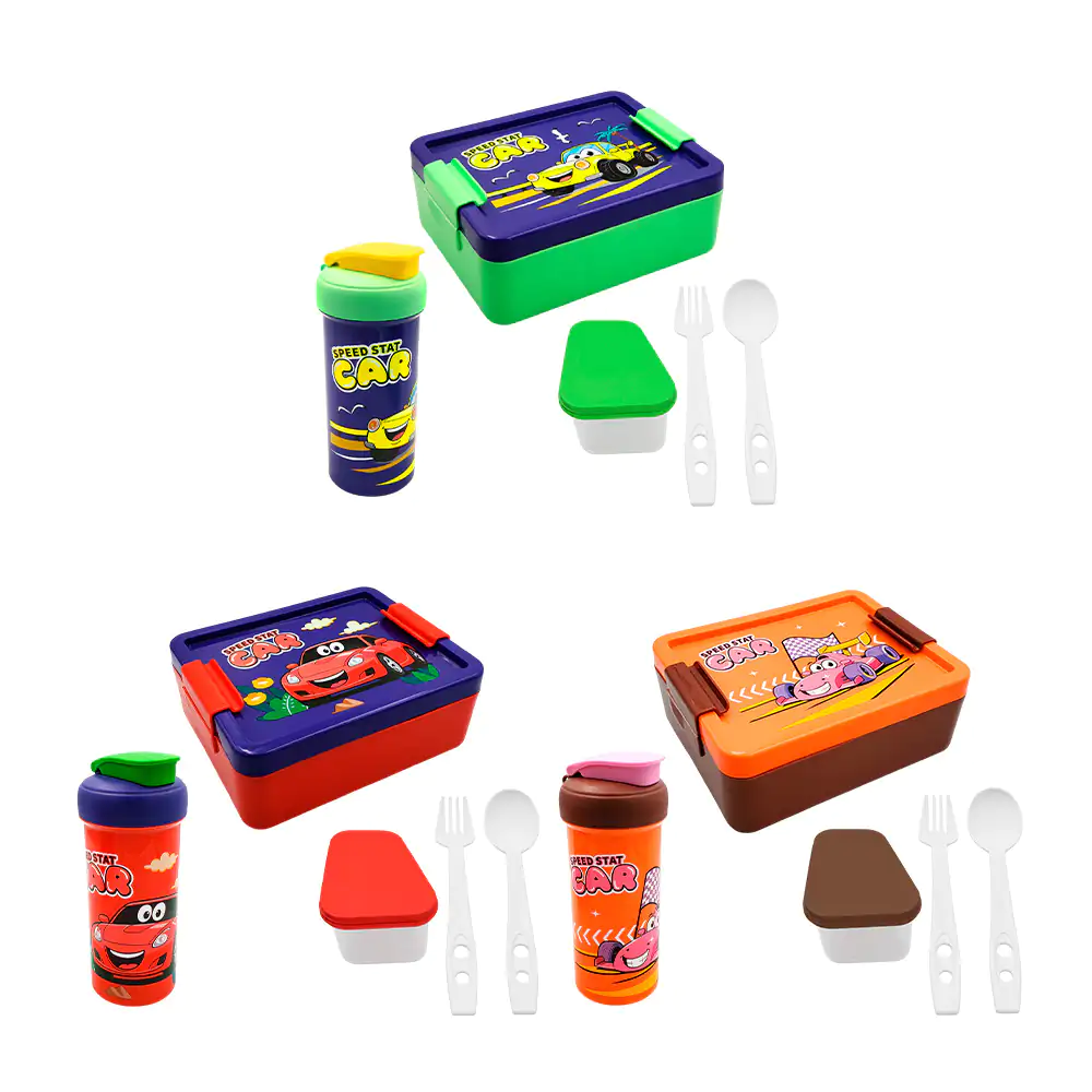 Juego de tupper con cubiertos + botella, estampado de carro, variedad…
