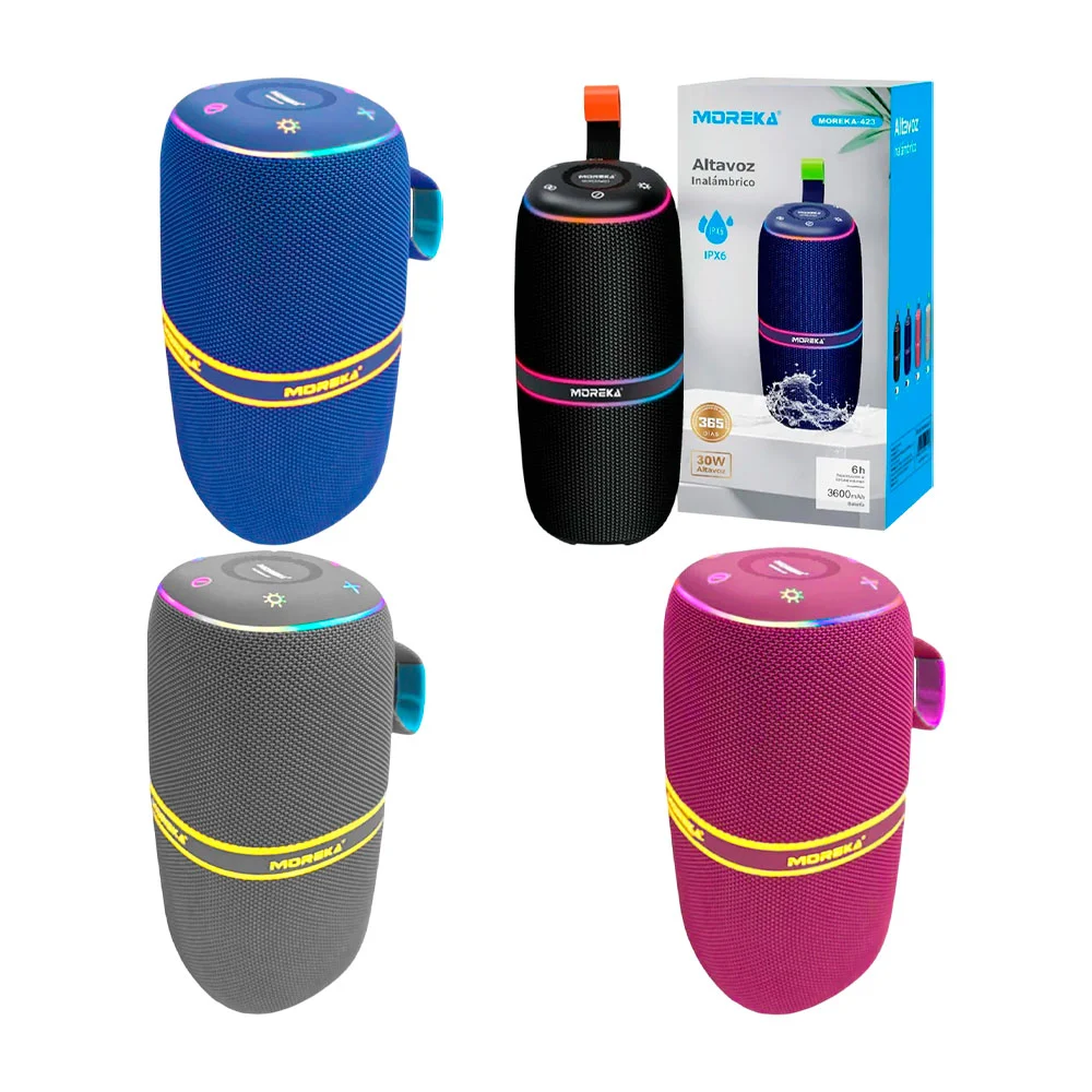 Bocina bluetooth moreka con protección ipx6 y luz rgb, variedad de co…