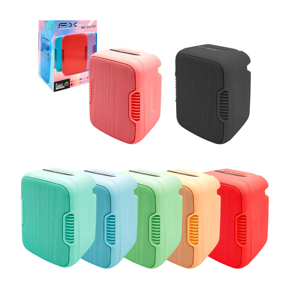 Bocina pequeña rectangular fx recargable bluetooth con luz rgb y entr…