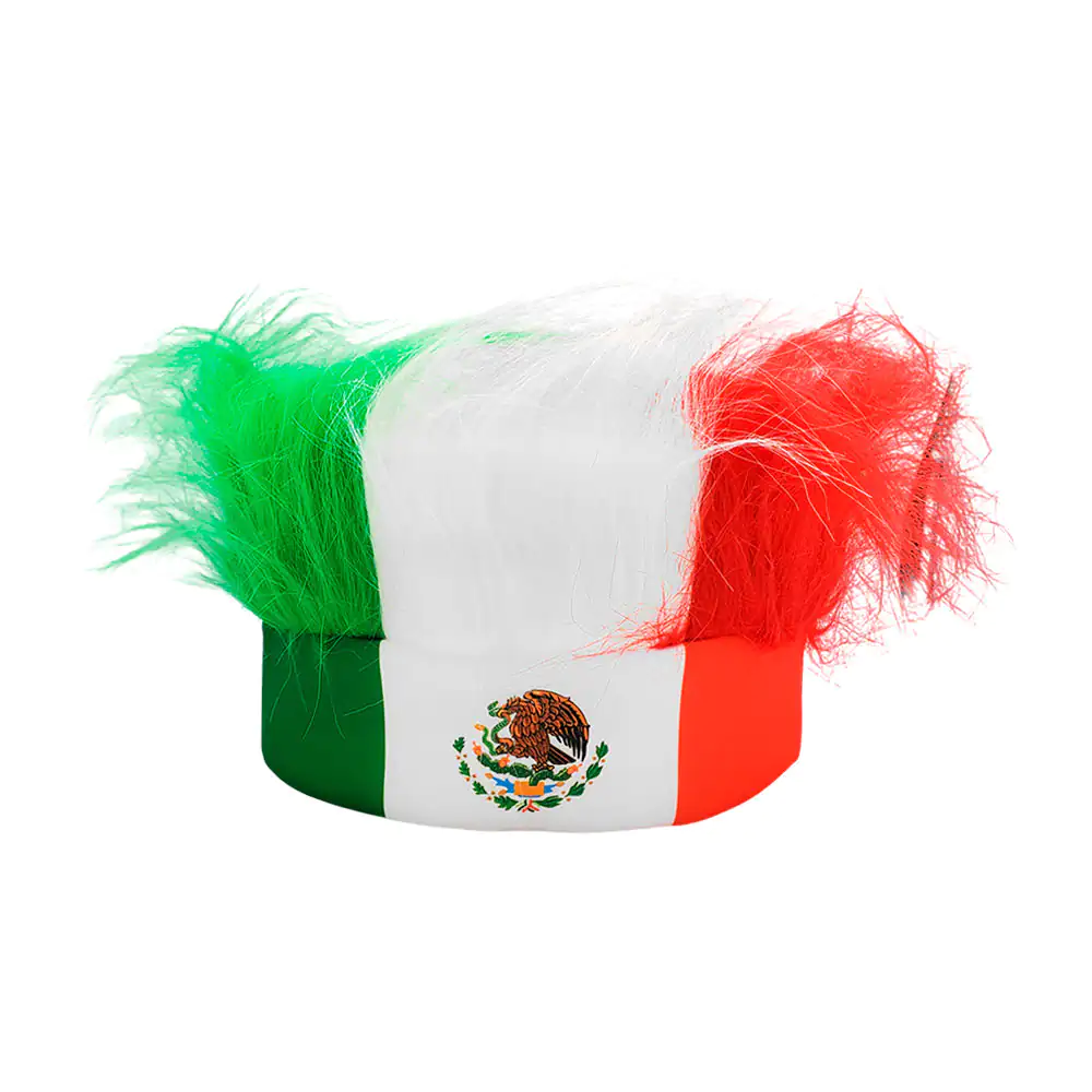 Peluca tipo sombrero tricolor con estampado de la bandera mexicana
