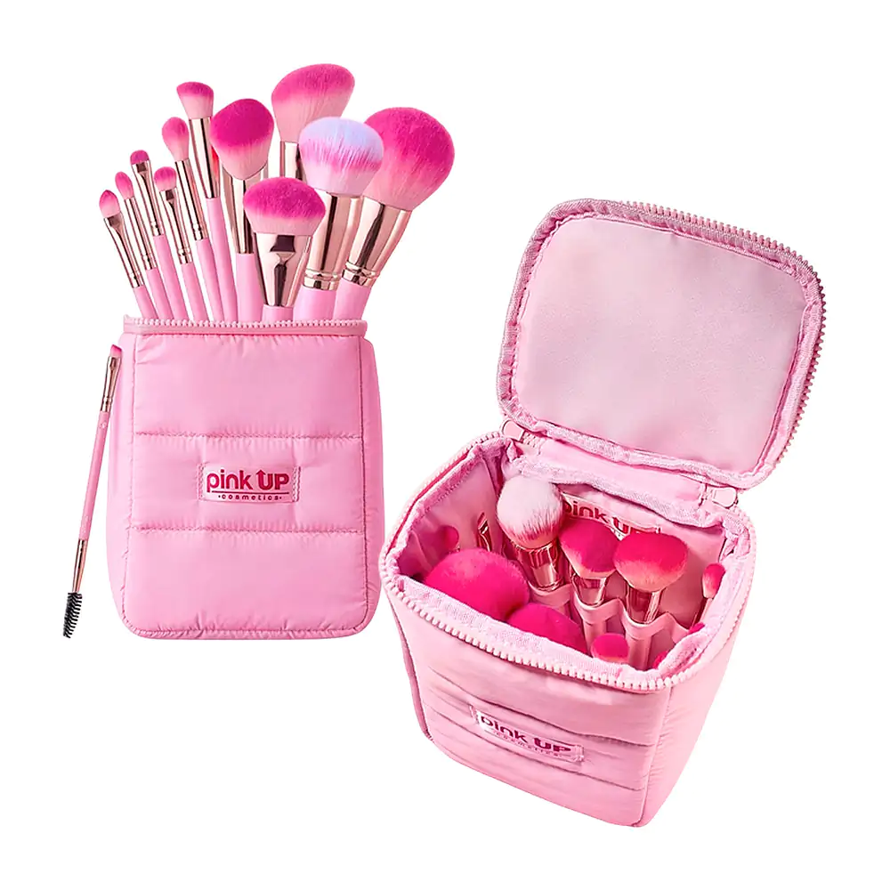 Bolsa cosmetiquera pink up acolchonada con 12 brochas aplicadoras, ce…