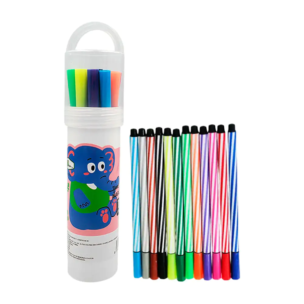 Estuche redondo con asa y 12 plumones de punta delgada, variedad de c…