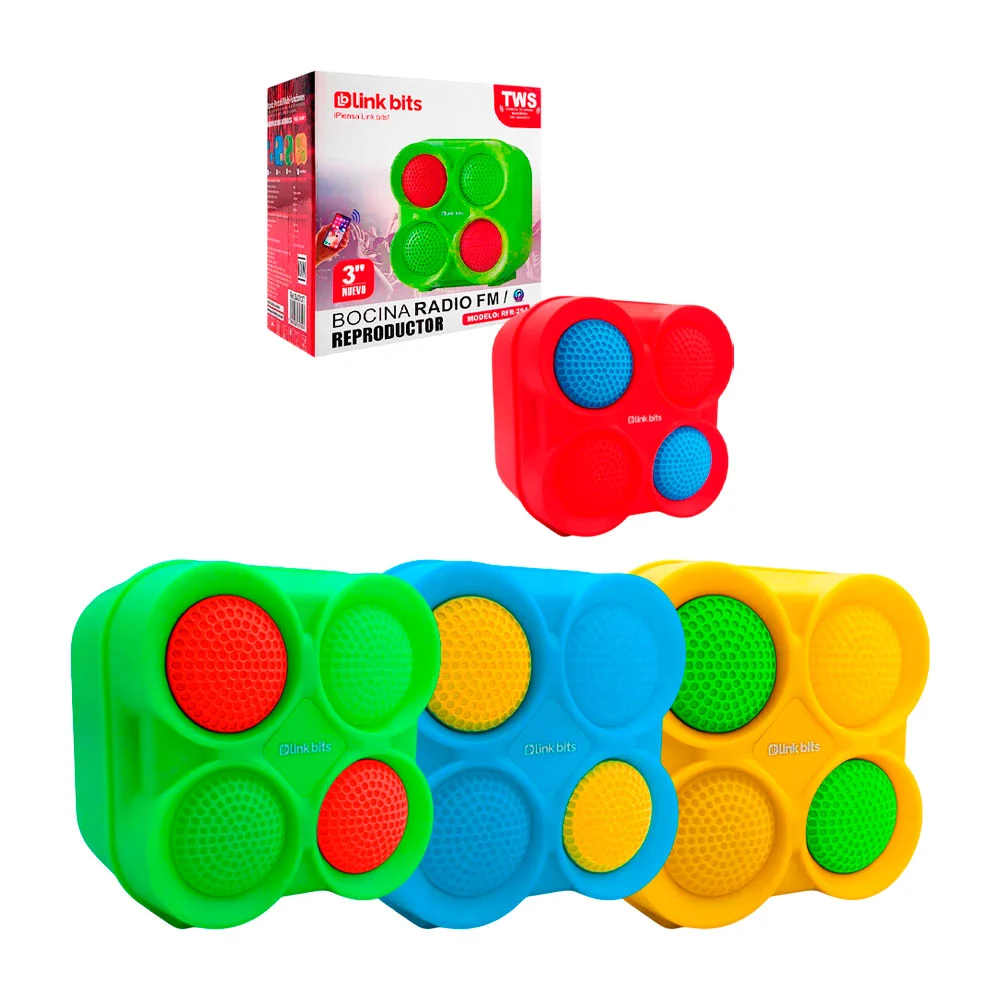 Bocina portátil 3´, luz rgb, fm, usb-tf, diseño frontal con 4 círculo…