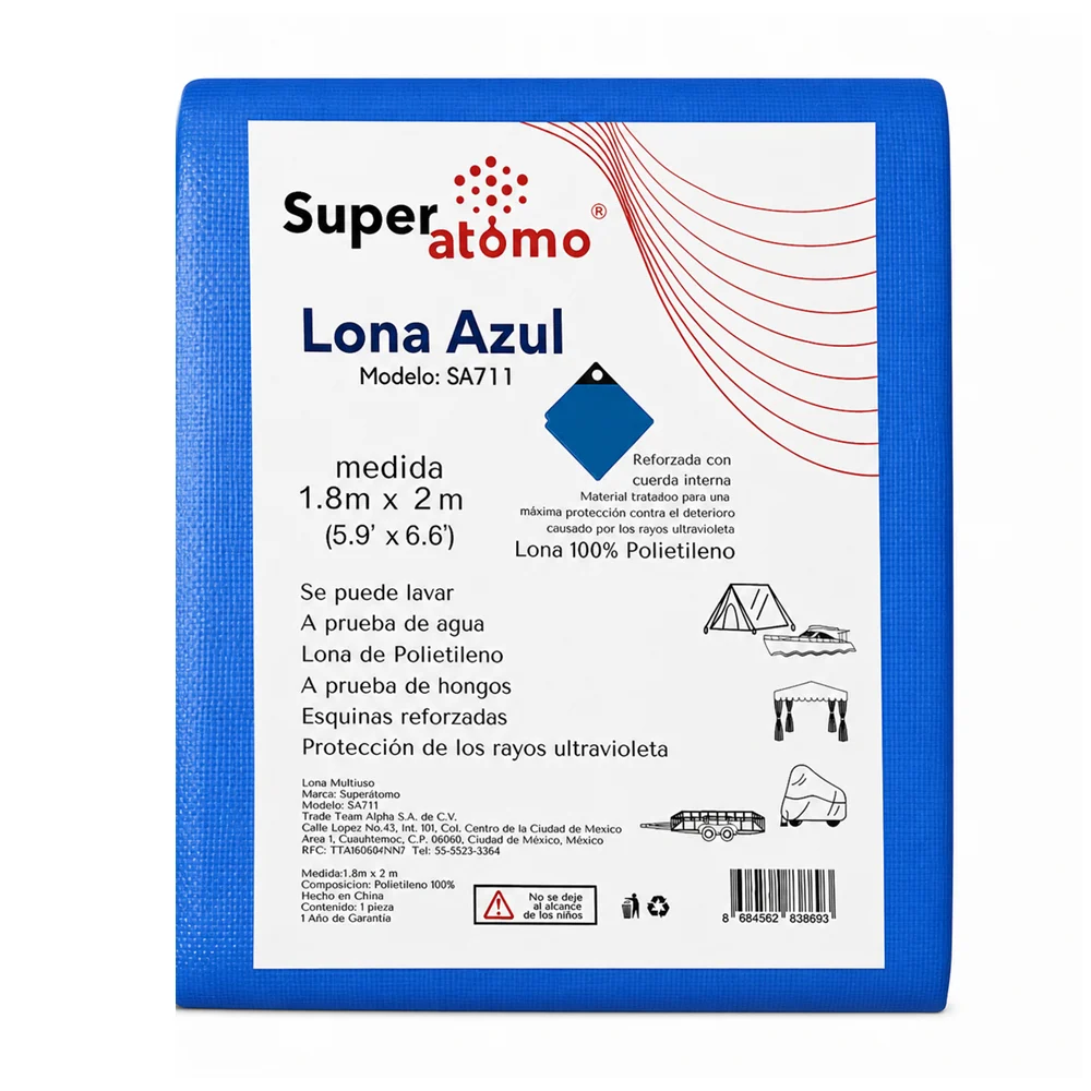 Lona de polietileno en color azul reforzada con cuerda interna, 1.8x2…