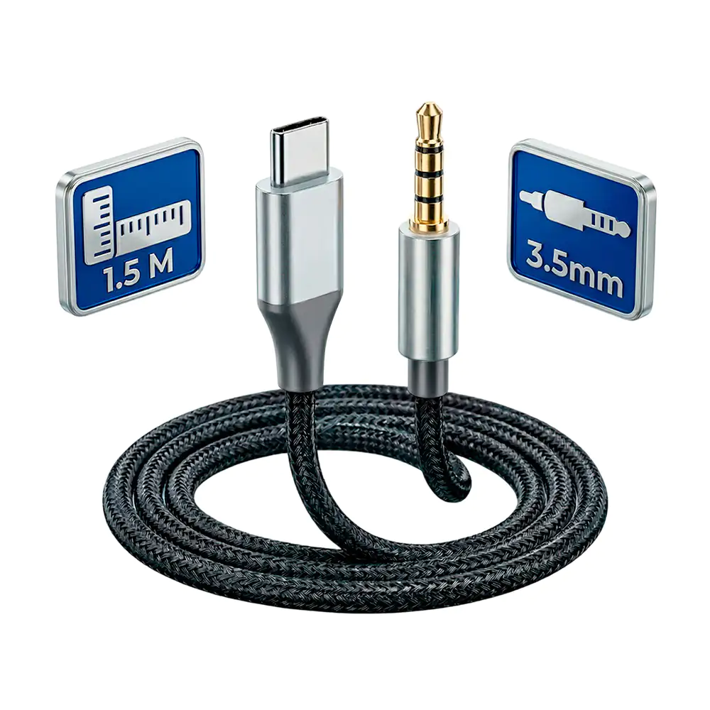 Cable auxiliar con salida jack 3.5mm y usb tipo c de uso rudo de 1.5m
