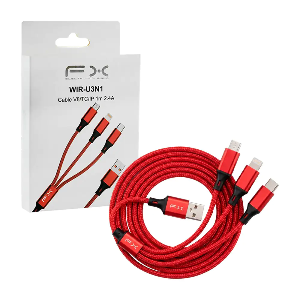 Cable fx 3en1 de usb a v8, tipo c y lightning con recubrimiento de ma…
