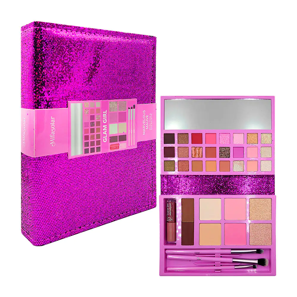 Estuche glam girl de glitter con sombras, 3 brochas y lip gloss, vari…