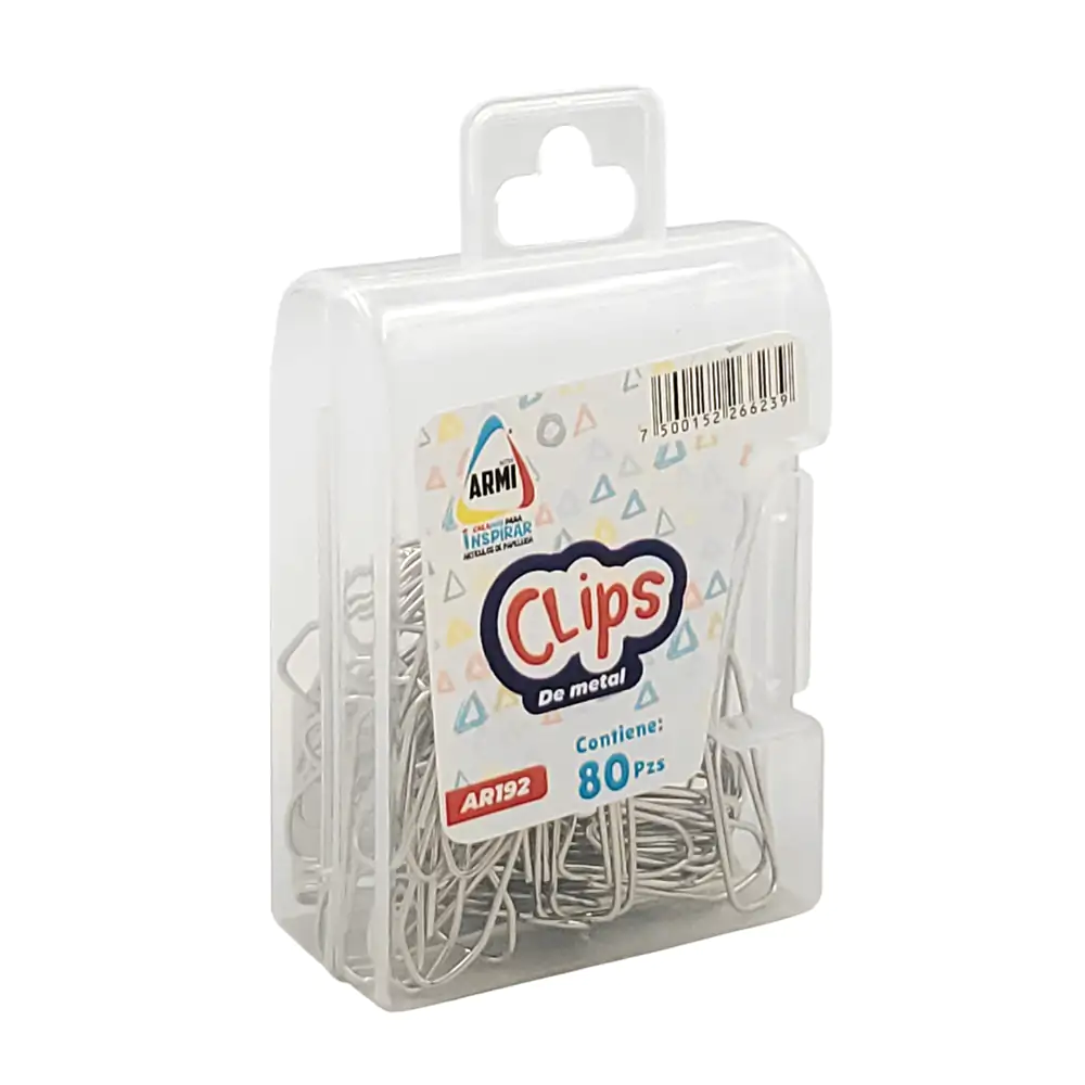 Estuche transparente con 80 clips chicos metálicos para oficina