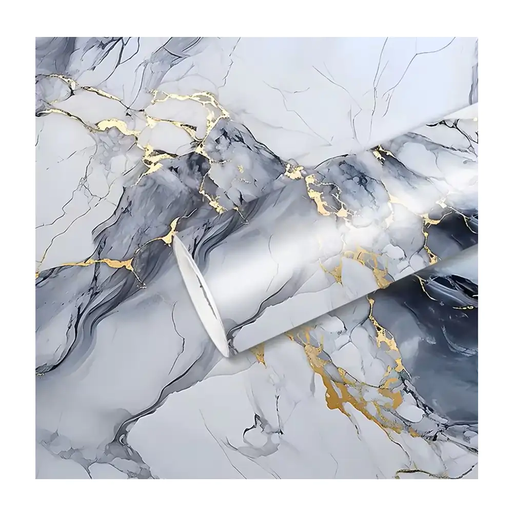 Rollo de papel tapiz con diseño en mármol gris y líneas doradas, 120c…