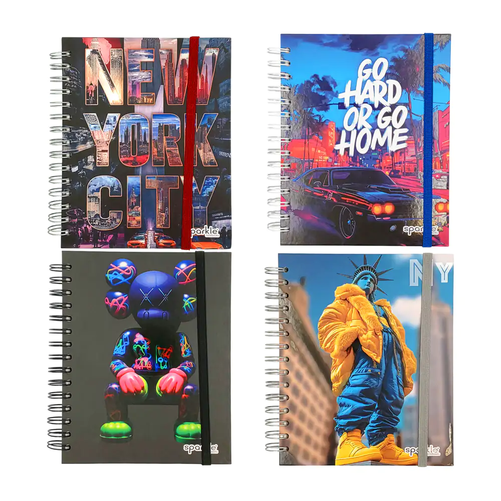 Libreta sparkle con 150 hojas, pasta dura, doble espiral metálico y r…