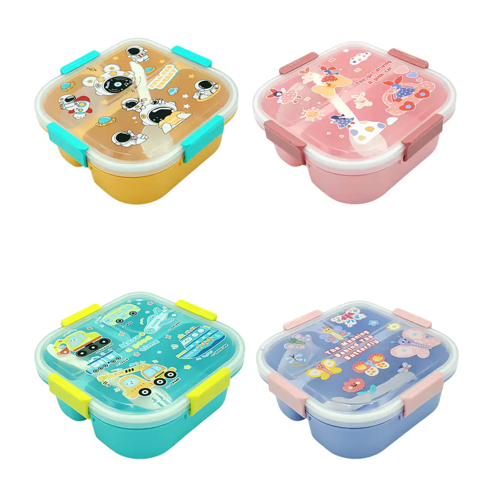 Tupper cuadrado con 3 compartimentos, tapa con estampado kawaii + cub…