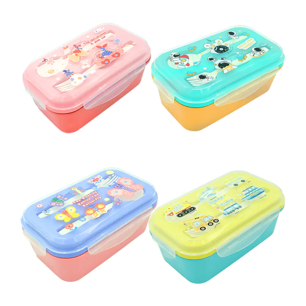 Tupper de plástico con separador, tapa con estampado kawaii + cubiert…