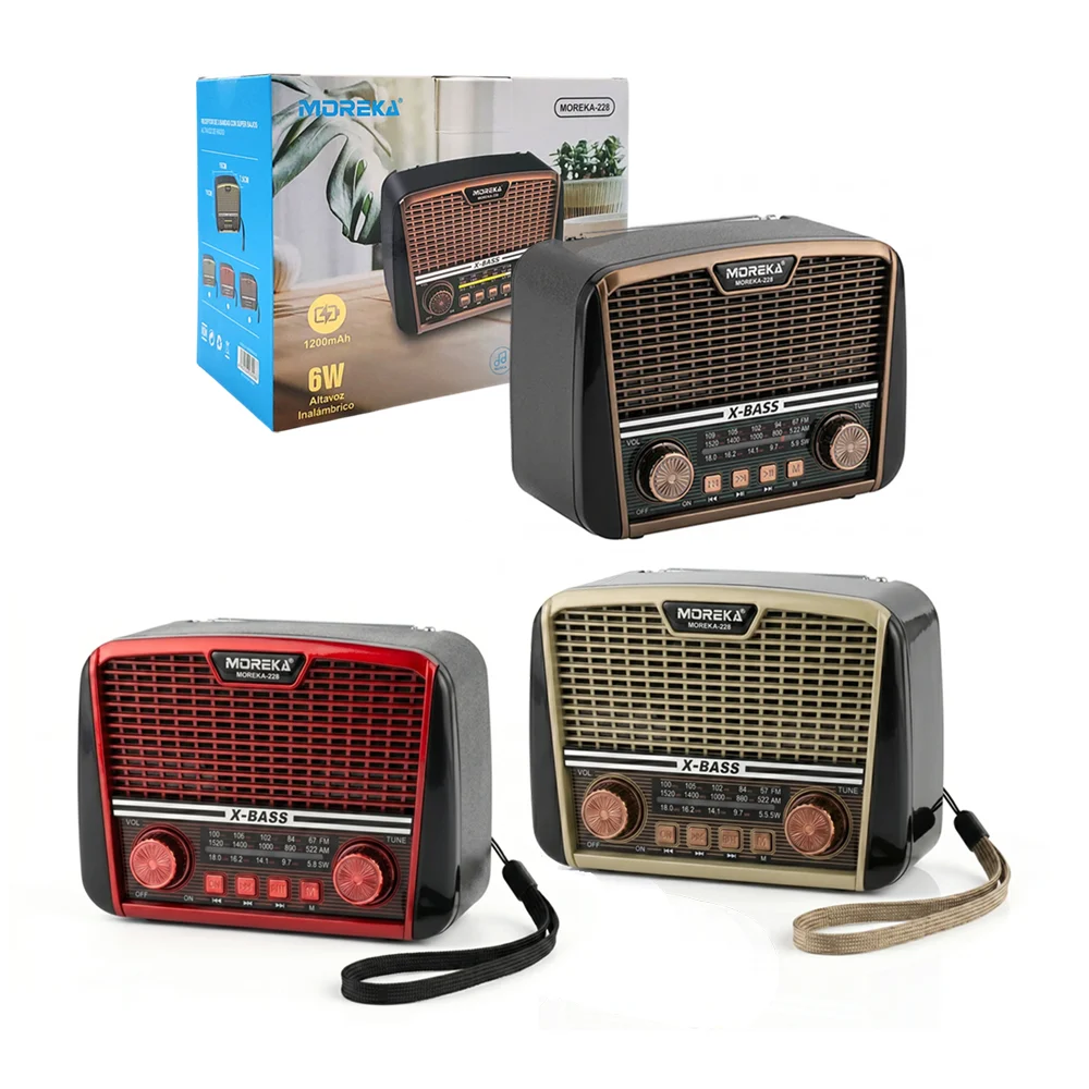 Bocina bluetooth tipo radio vintage, con antena, asa + botones contro…
