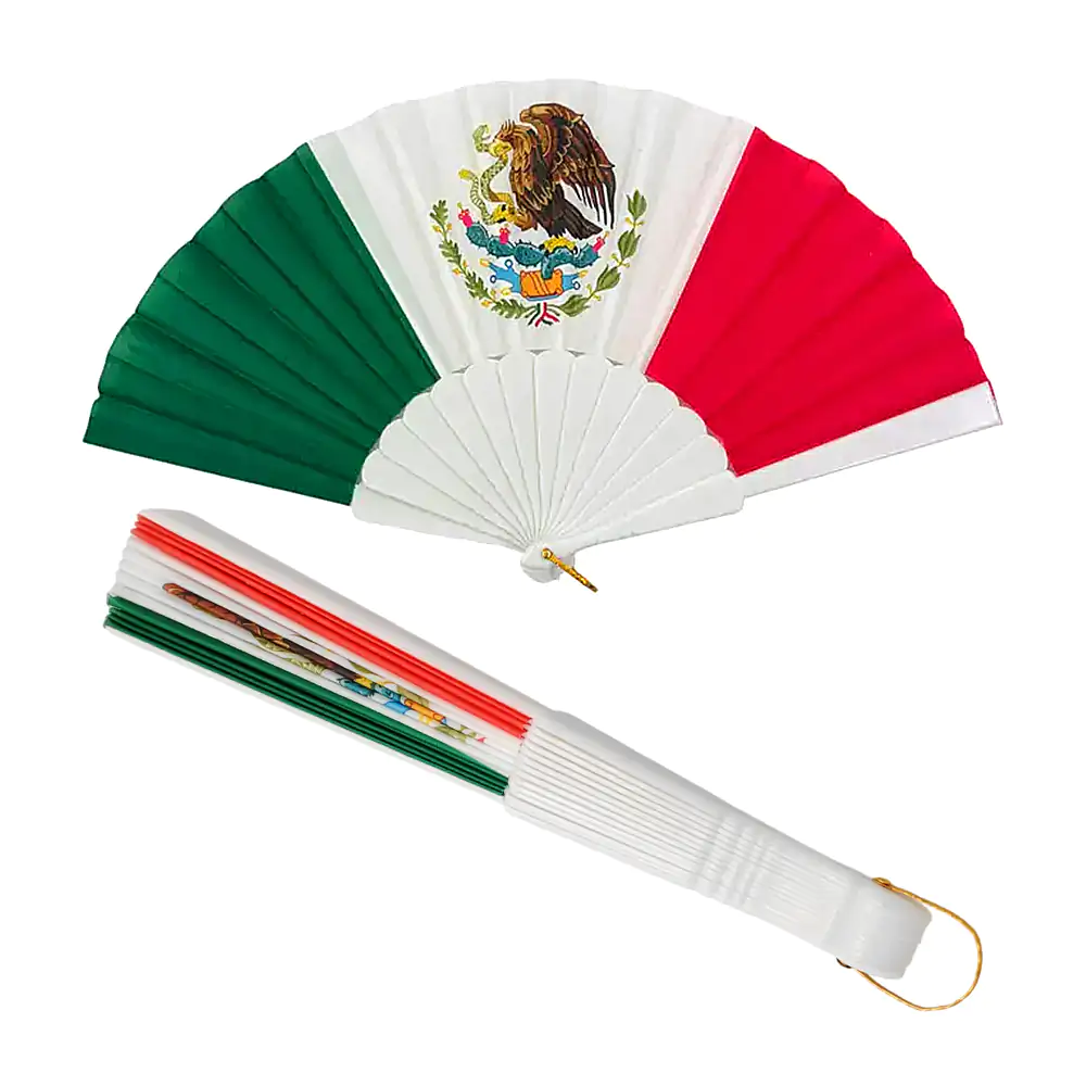 Abanico de plástico con estampado tricolor de la bandera mexicana