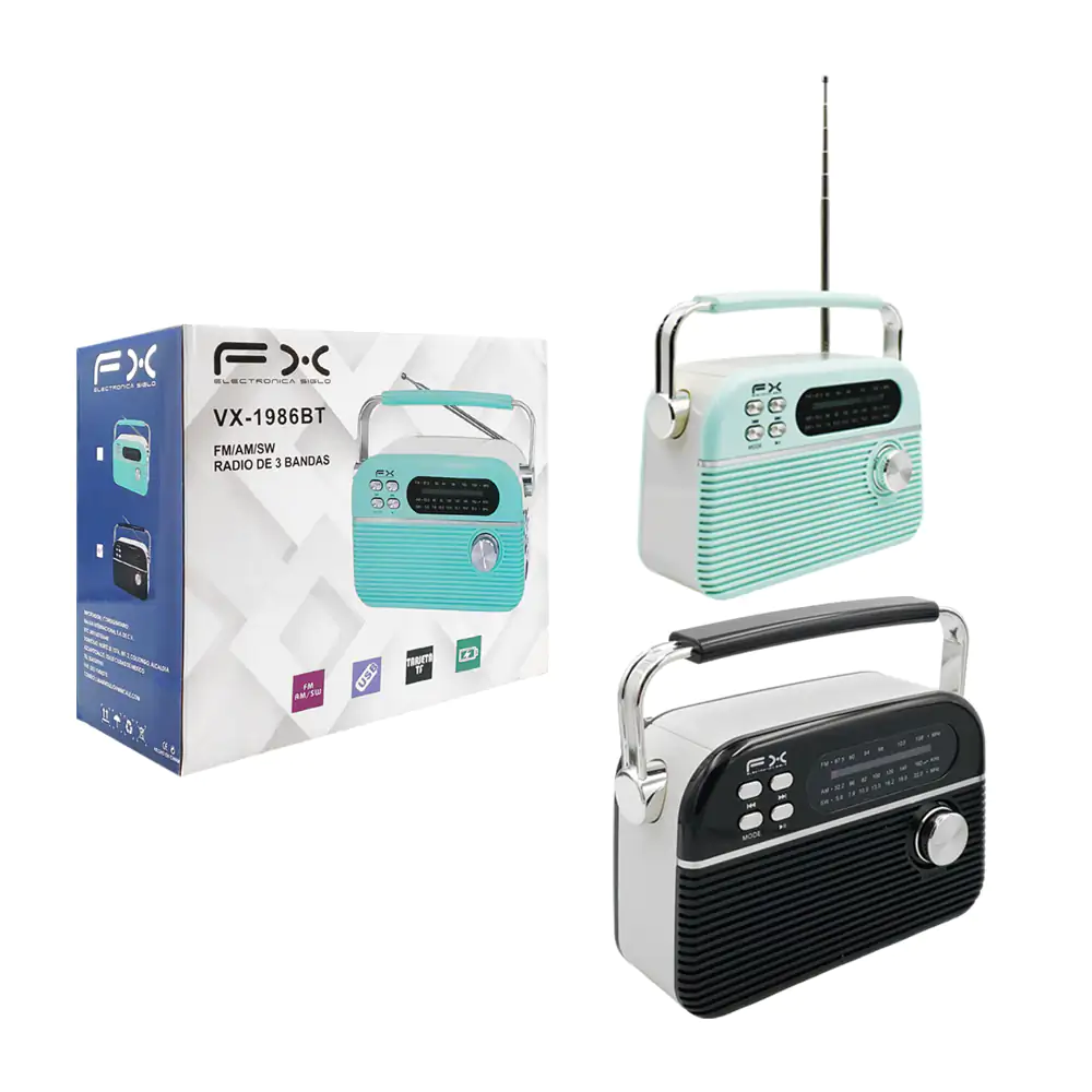 Radio fm-am, bocina bluetooth, rectangular tipo vintage + agarradera,…