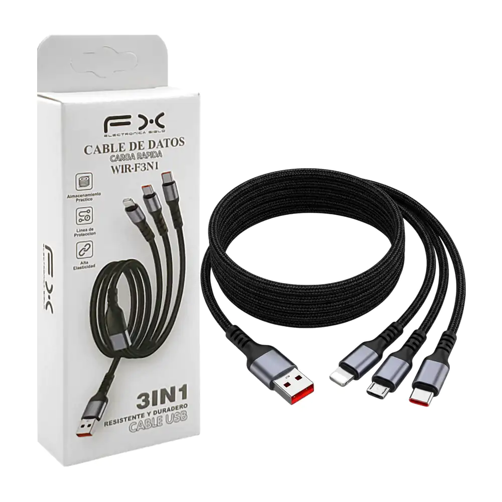 Cable de datos mallado 3 en 1, con entradas tipo c, v8, lightning y s…