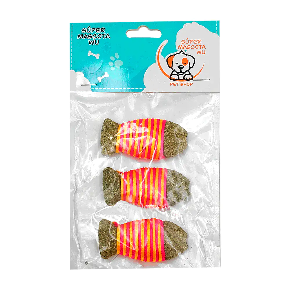 Paquete con 3 pescados de catnip con hilo bicolor para gato / 06589