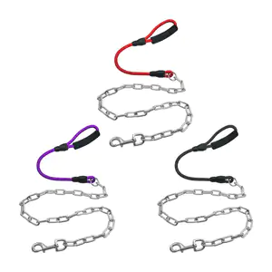 Correa de cadena cromada para mascota con agarradera de cuerda resist…