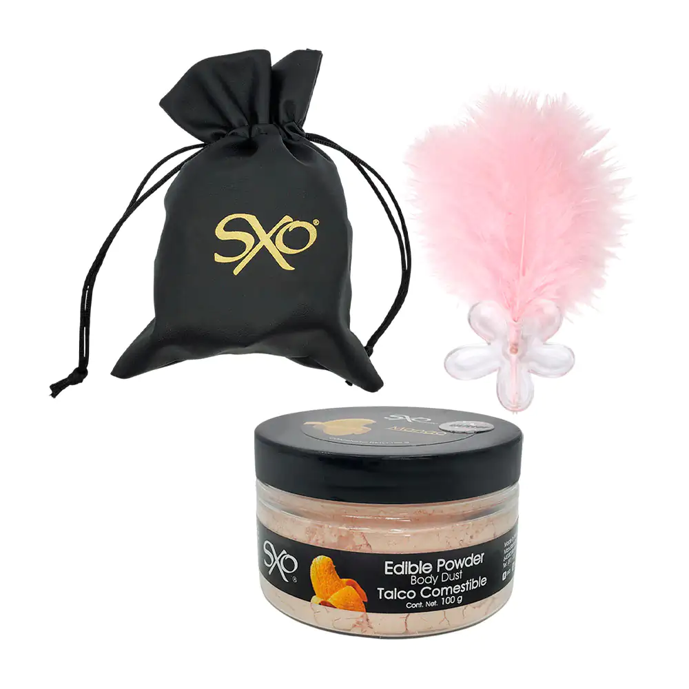 Talco comestible con glitter sabor y aroma a mango + mini pluma con f…