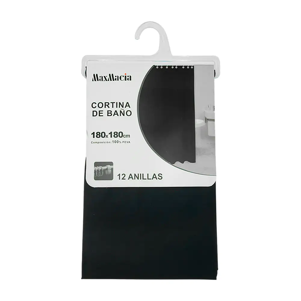 Cortina lisa para baño de plástico en color negro con 12 ganchos, 180…